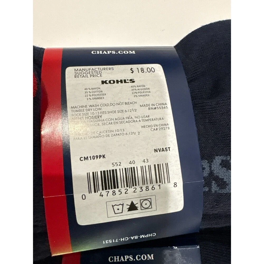 Chaps Performance Casual Crew Socks 6 Pair Pima Cotton Blend Flag Mens 6-12.5 Na